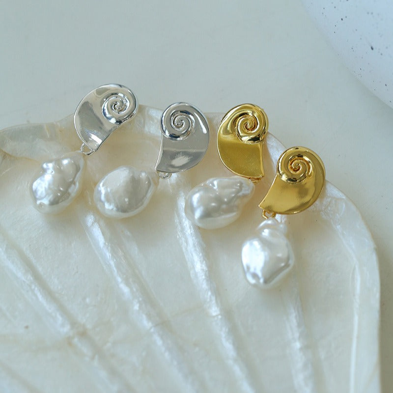 Baroque Pearl Earrings with Metal Conch Design