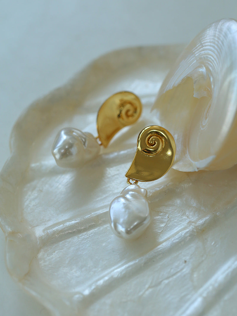 Baroque Pearl Earrings with Metal Conch Design