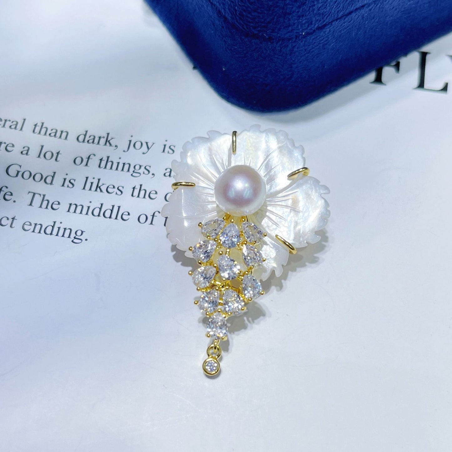 Carved Flower Pearl and Cubic Zirconia Brooch