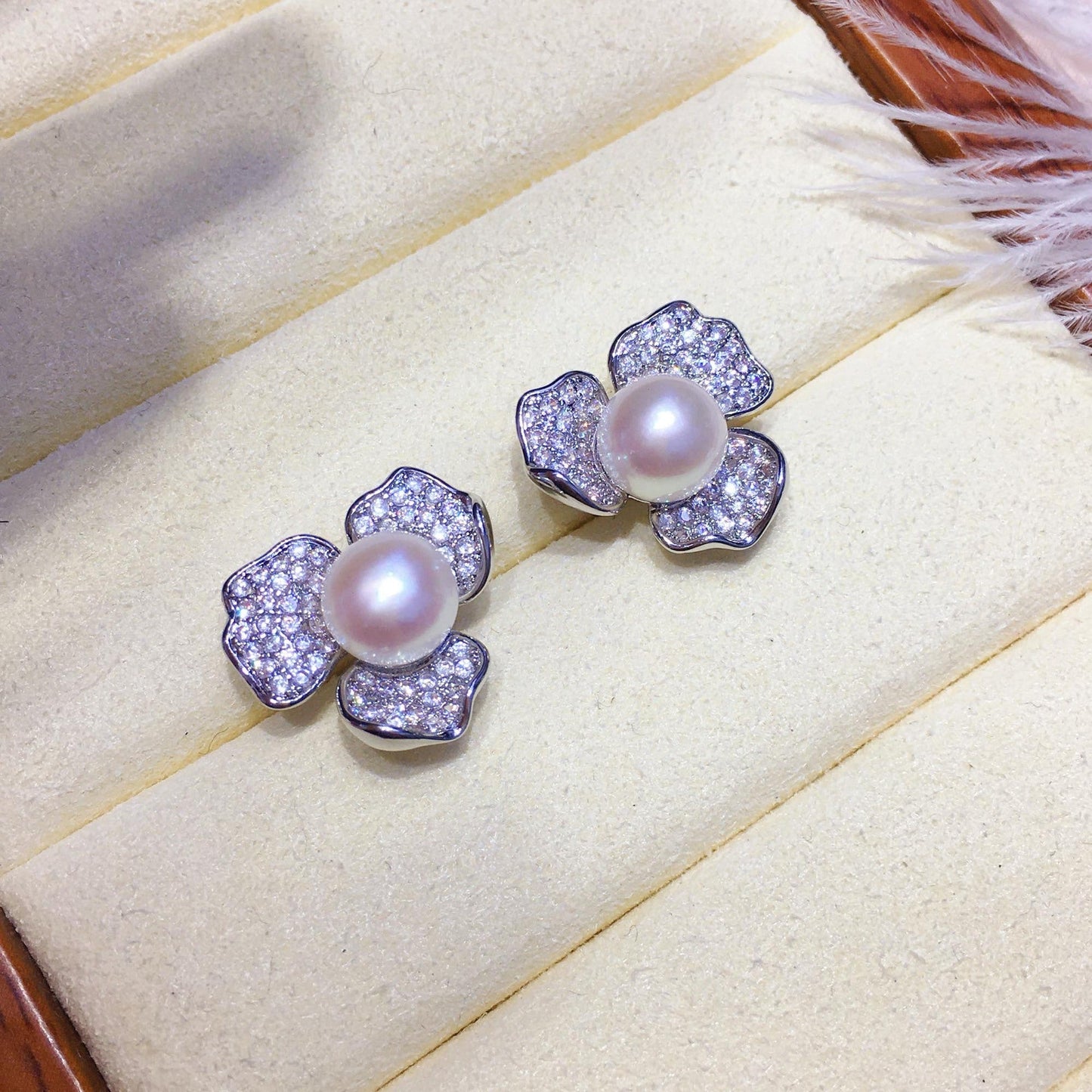 Cubic Zirconia Floral Pearl Earrings 5-5.5mm