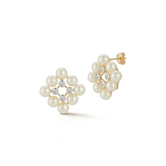 Pearl and Diamond Cluster Stud Earrings in 14kt