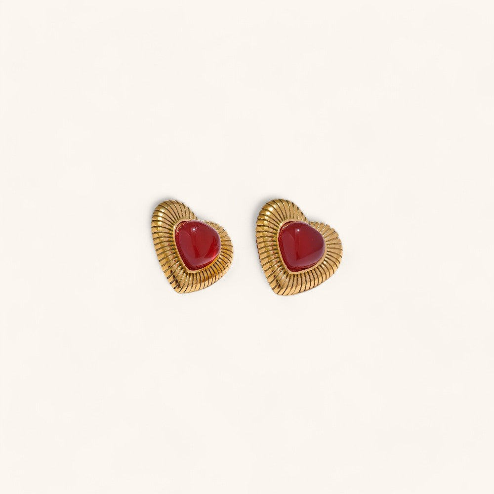 Red Agate Heart Stud Earrings for Women