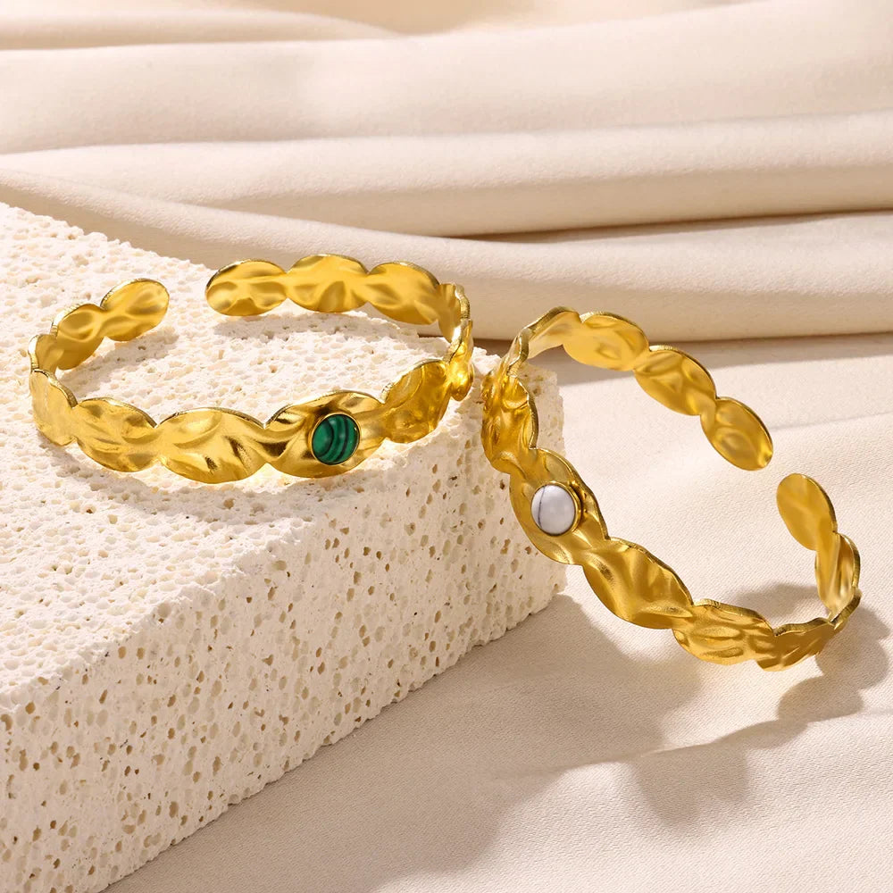 Green Stone and Gold Open Bracelet Design