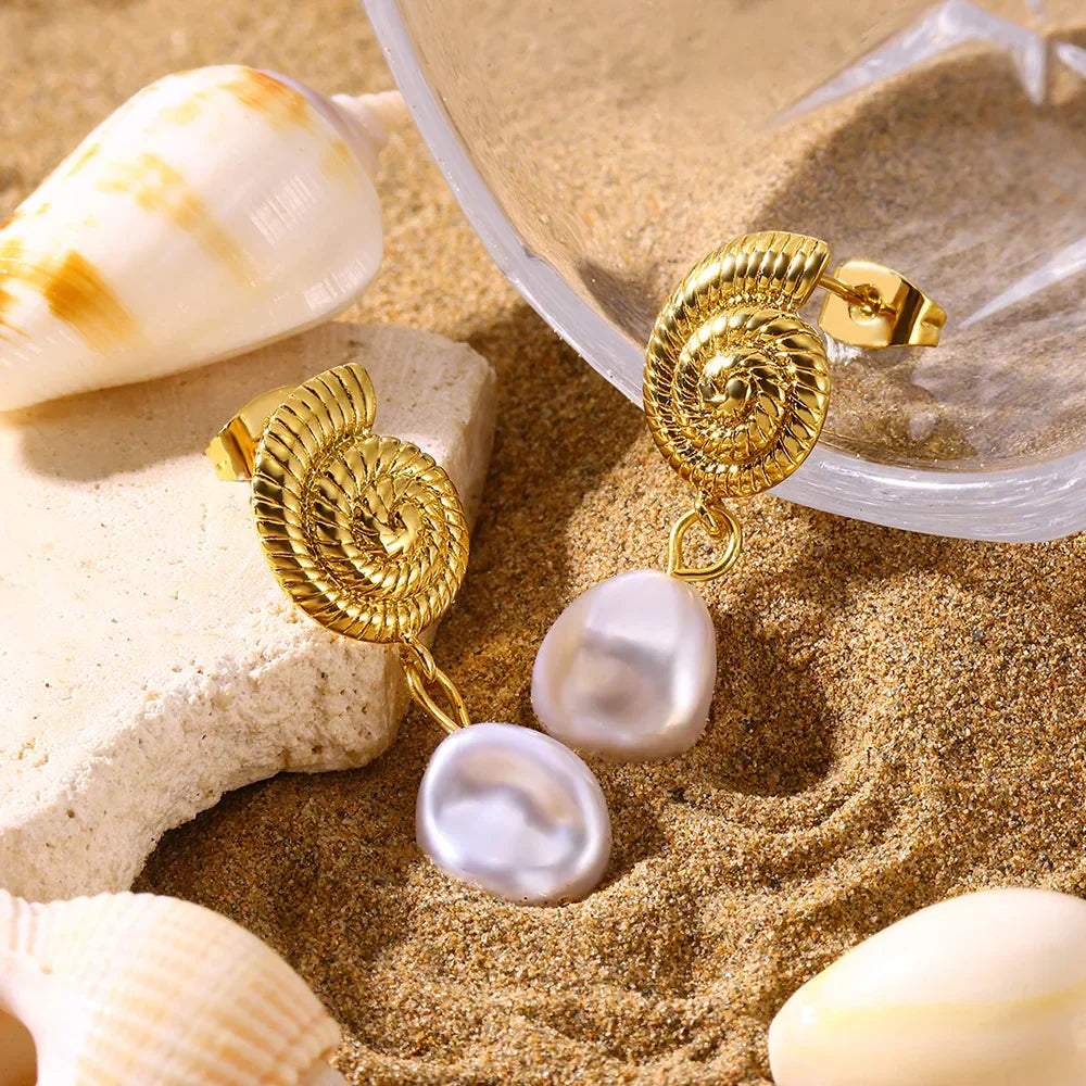 Gold Pearl Conch Shell Geometric Earrings