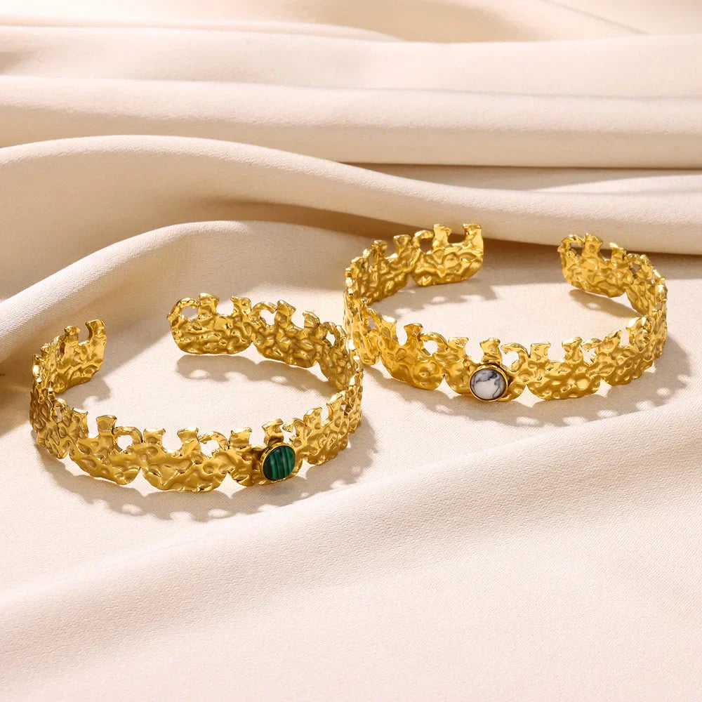 Green Stone and Gold Open Bracelet Design