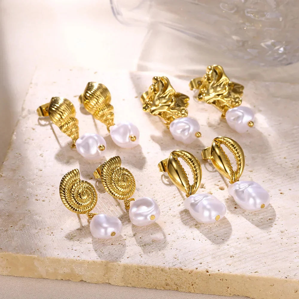 Gold Pearl Conch Shell Geometric Earrings