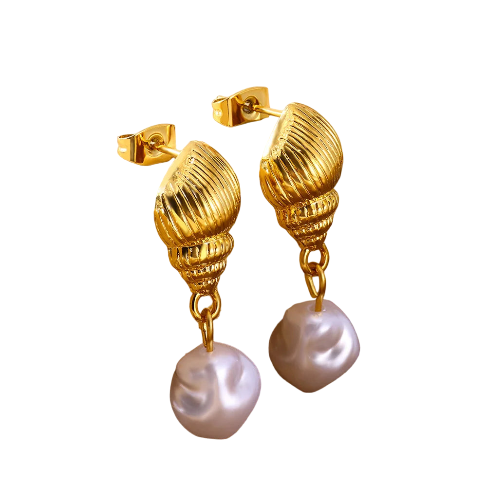 Gold Pearl Conch Shell Geometric Earrings