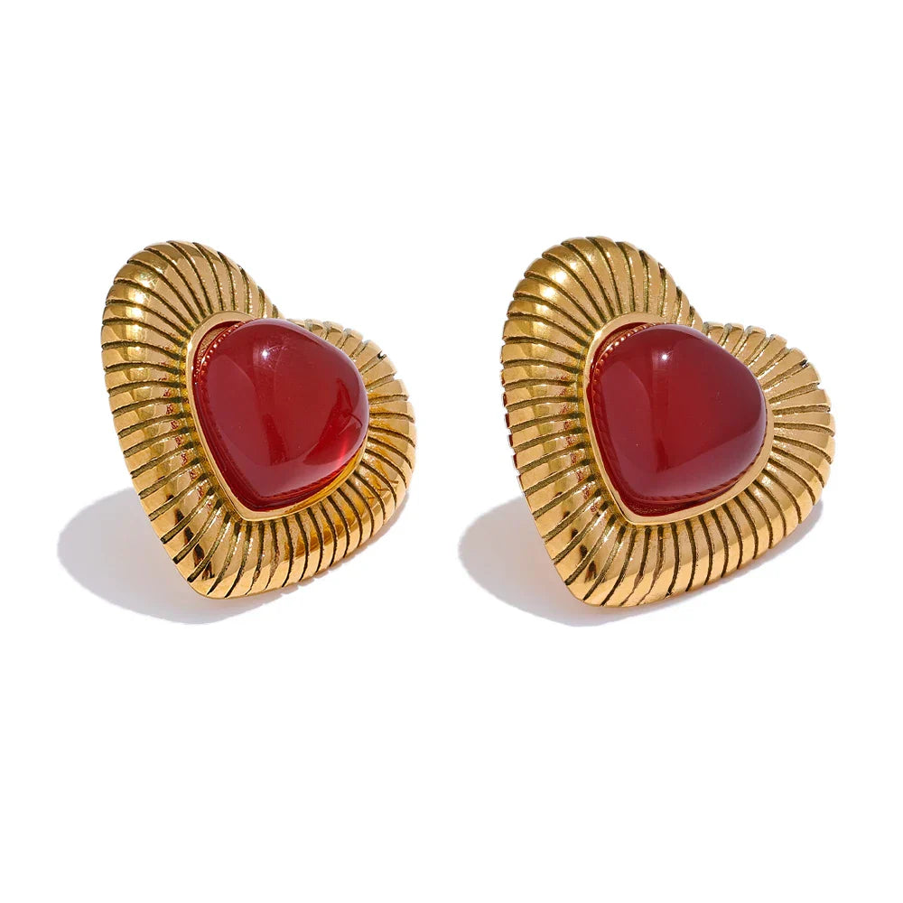 Red Agate Heart Stud Earrings for Women