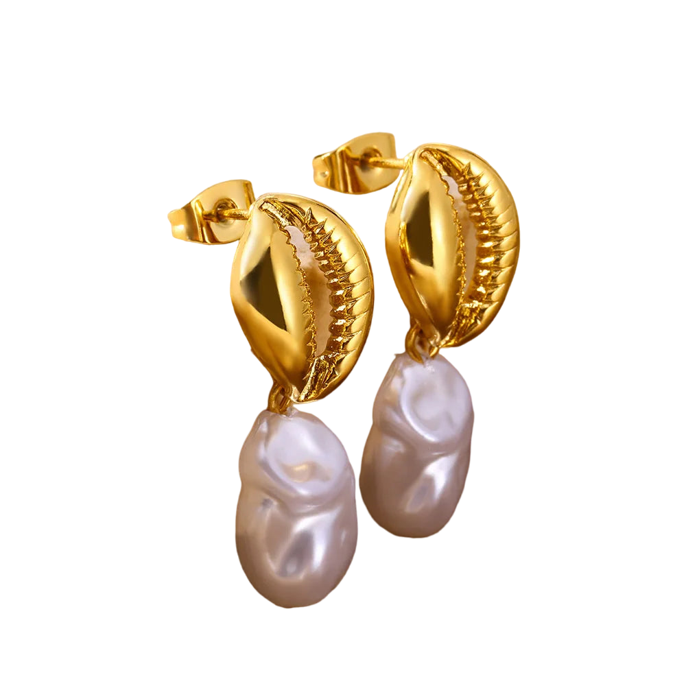 Gold Pearl Conch Shell Geometric Earrings