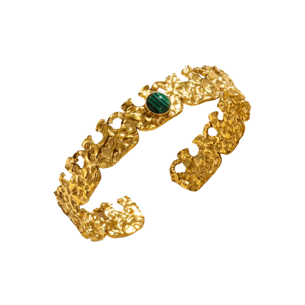 Green Stone and Gold Open Bracelet Design