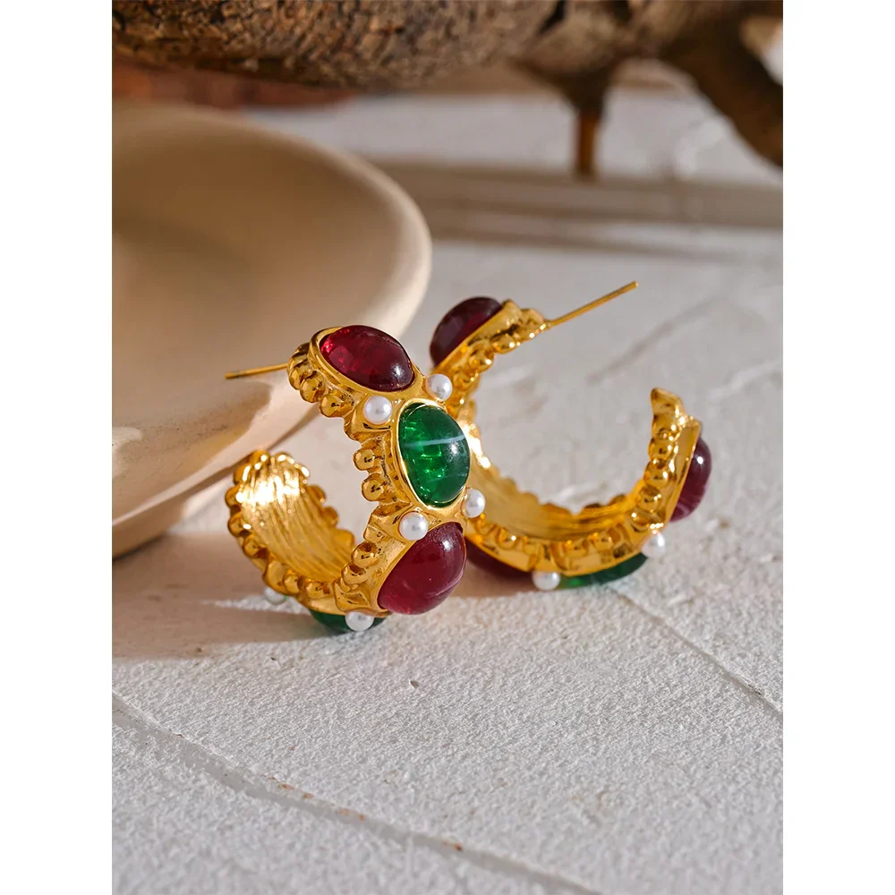 Vintage Charm Earrings with Red and Green Resin