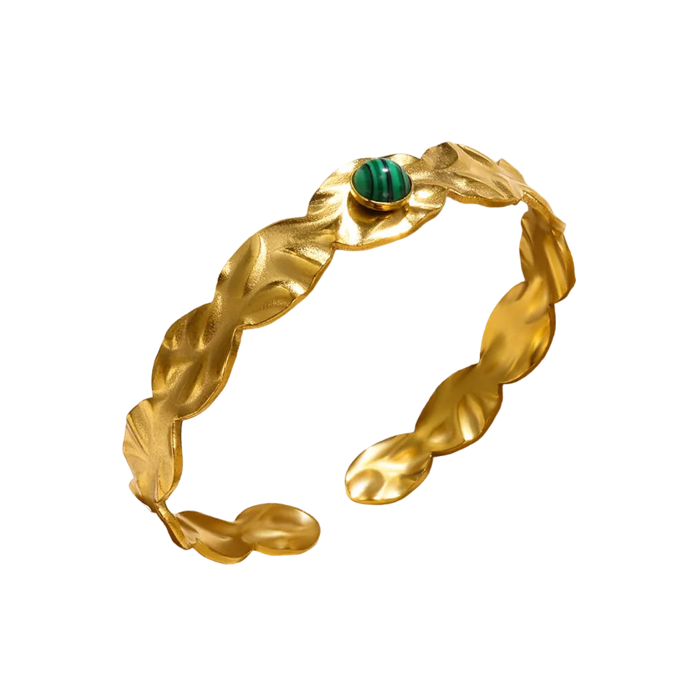 Green Stone and Gold Open Bracelet Design