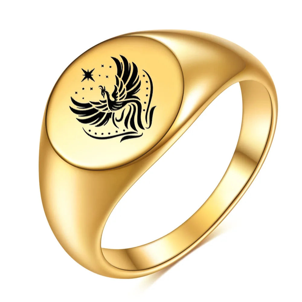 Women's Stainless Steel Signet Ring in Phoenix Fire Design