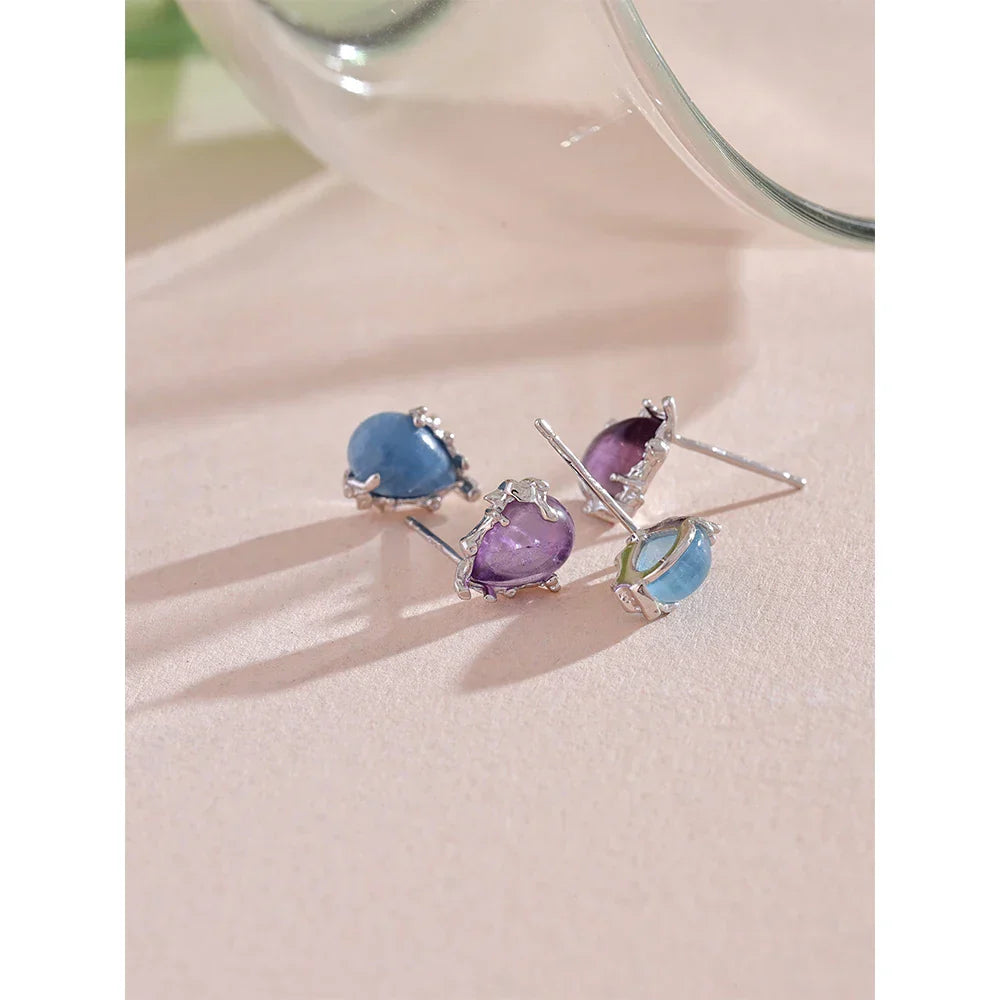 Sterling Silver Aquamarine and Amethyst Stud Earrings