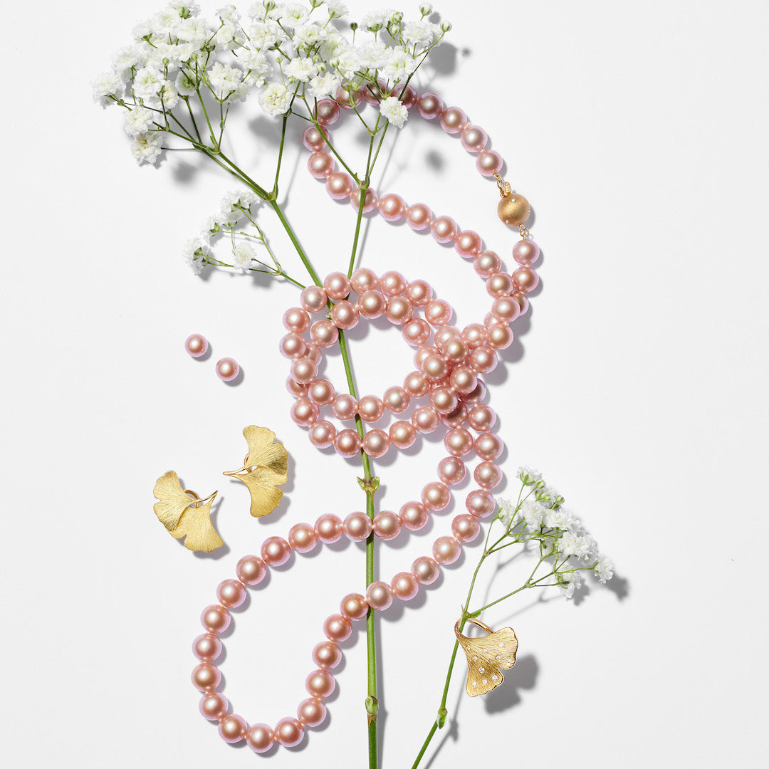 Long Pink Pearl and Gold Necklace