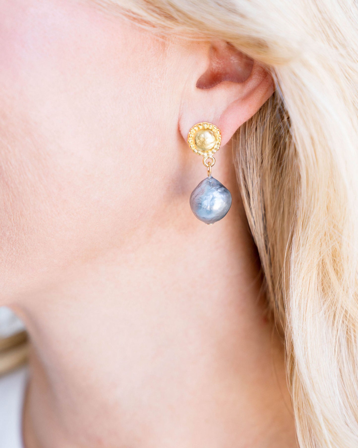 Baroque Pearl Drop Earrings in Grey