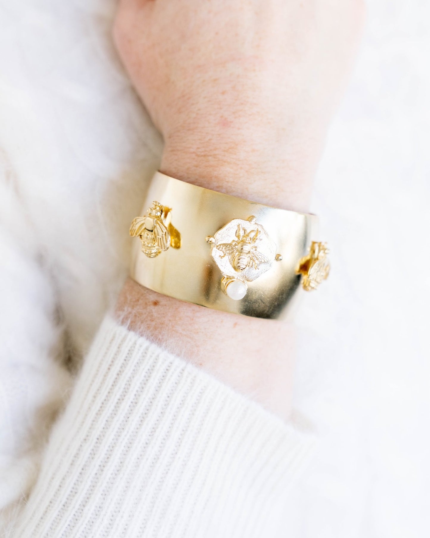 Cuff Bracelet with Pearl and Bee Design