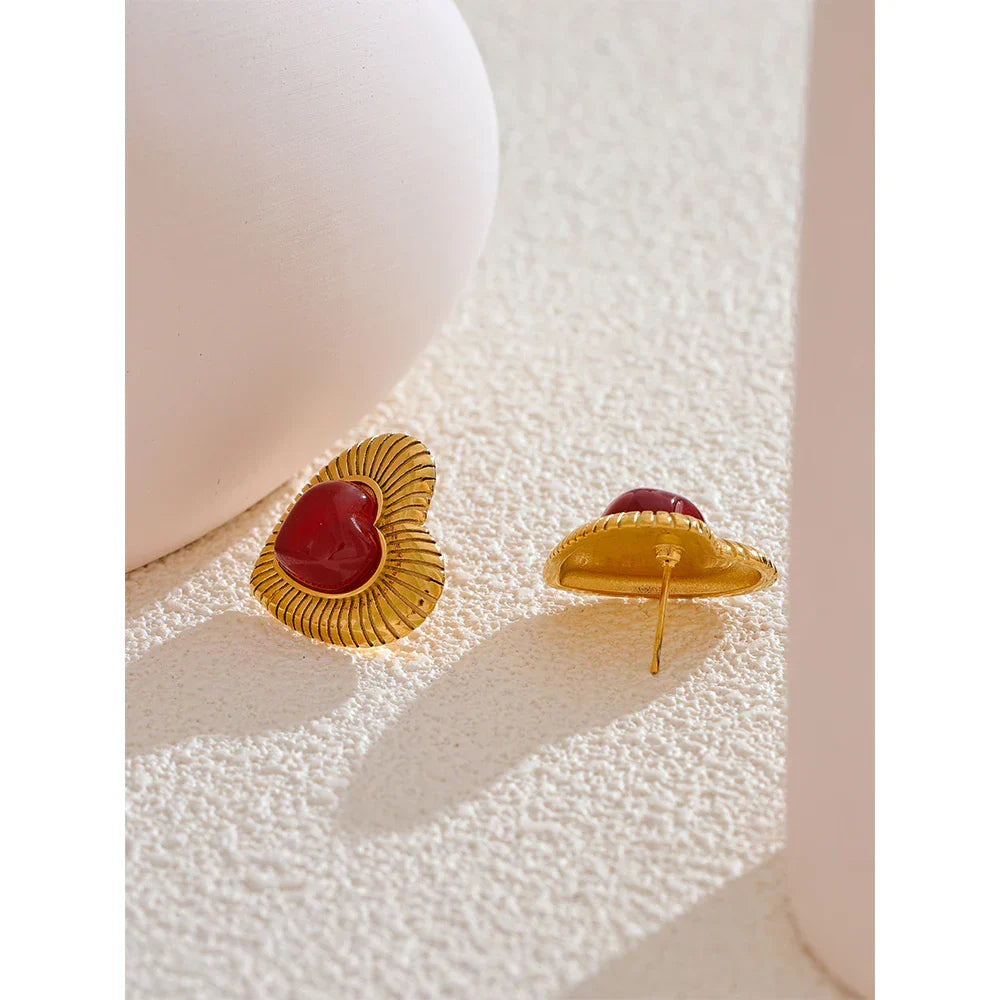 Red Agate Heart Stud Earrings for Women