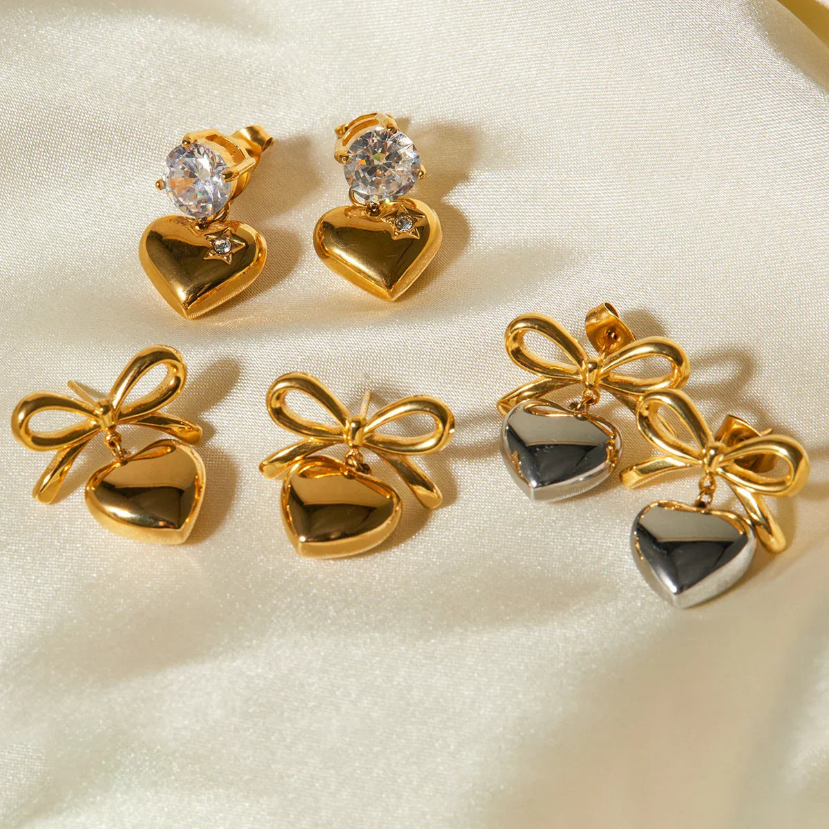 Gold Plated Heart Shaped Dangle Earrings with Zirconia