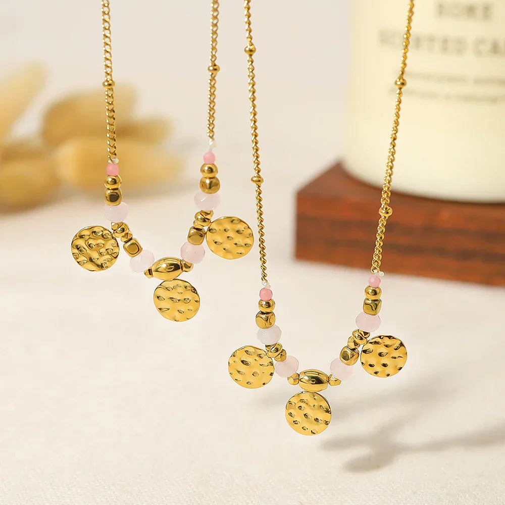 Natural Stone Necklace with Coin Charm