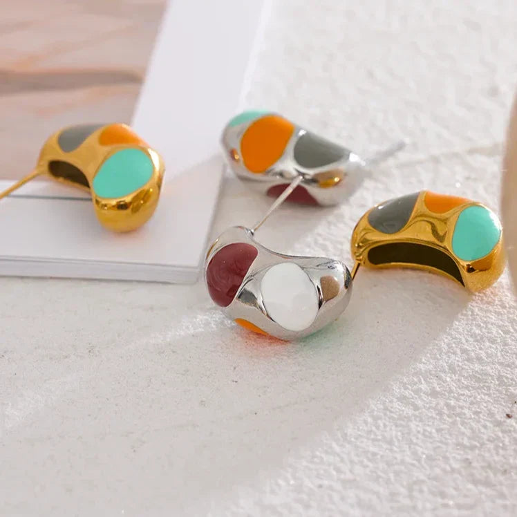 Colorful Enamel Half-Hoop Stud Earrings