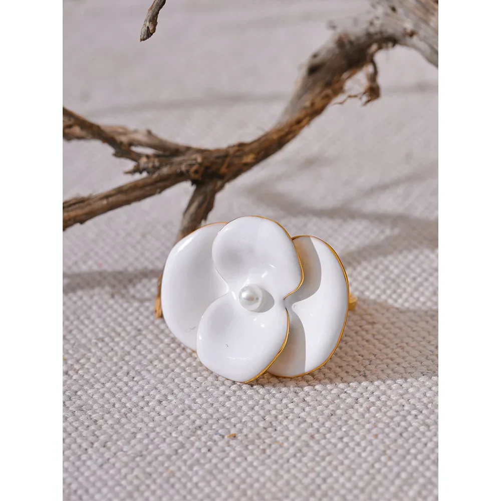 White Enamel Floral Design Ring