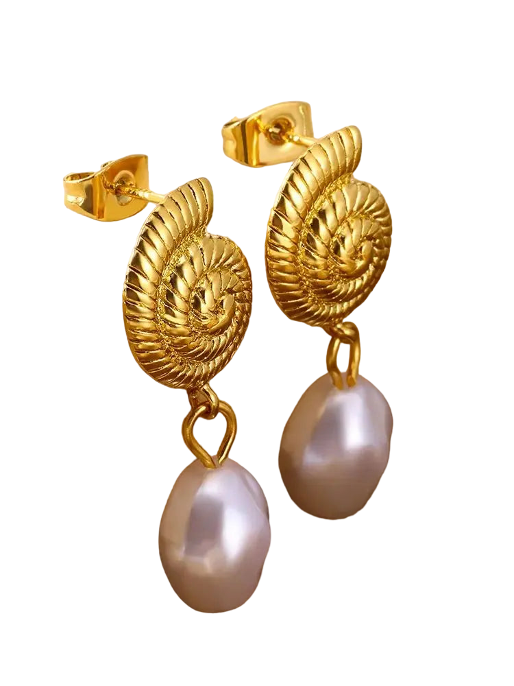 Gold Pearl Conch Shell Geometric Earrings