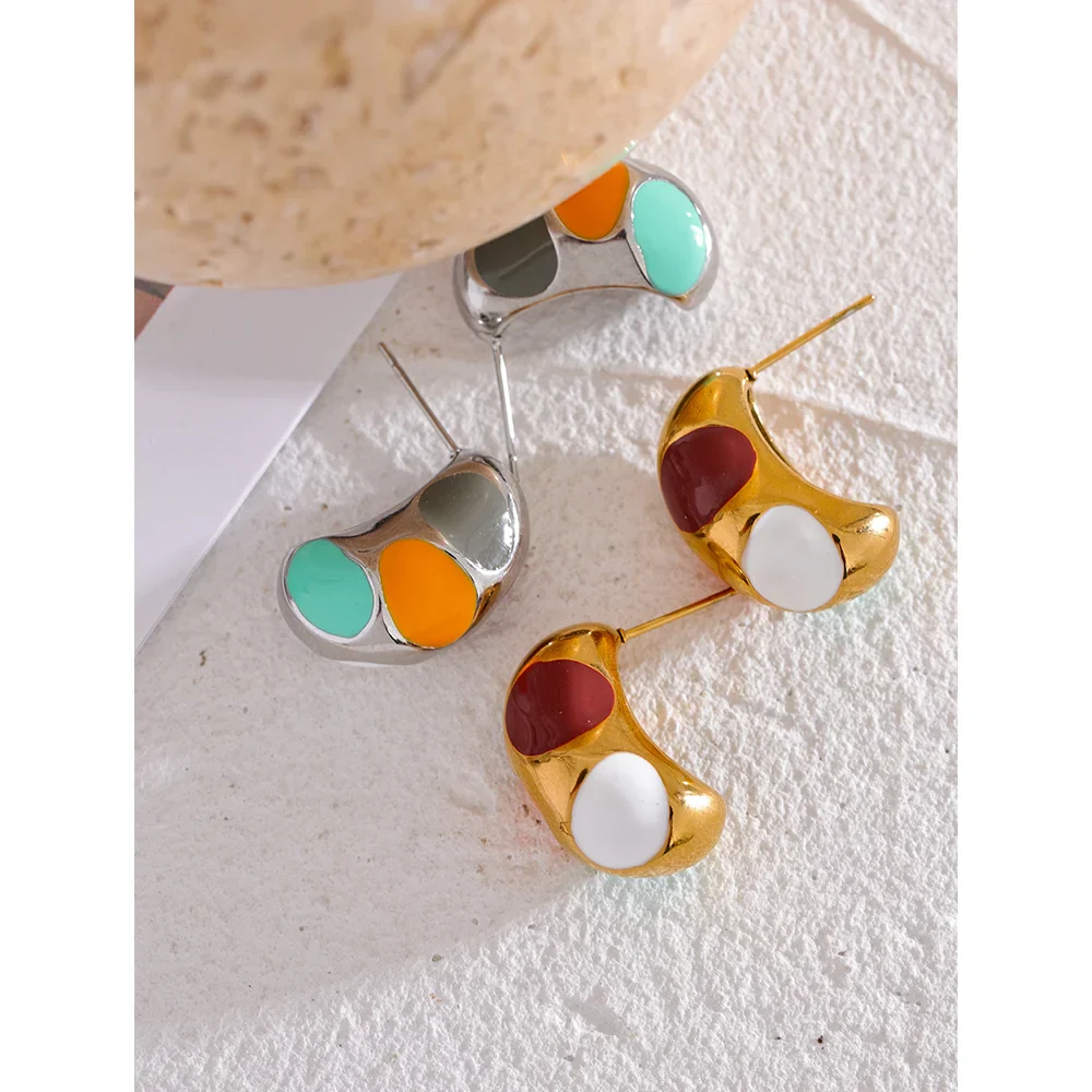 Colorful Enamel Half-Hoop Stud Earrings