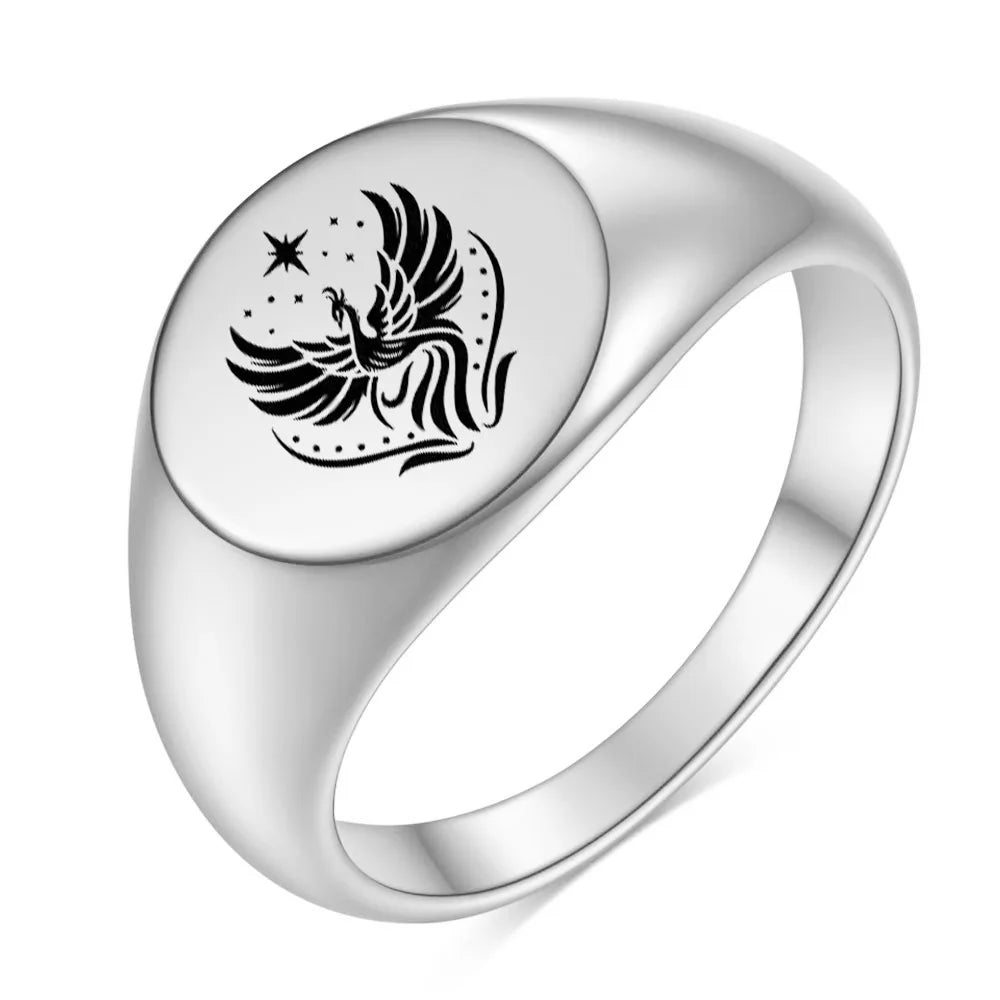 Women's Stainless Steel Signet Ring in Phoenix Fire Design