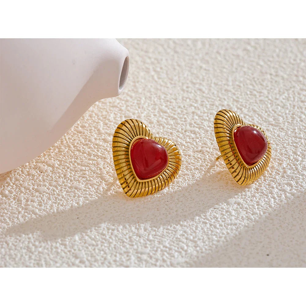 Red Agate Heart Stud Earrings for Women