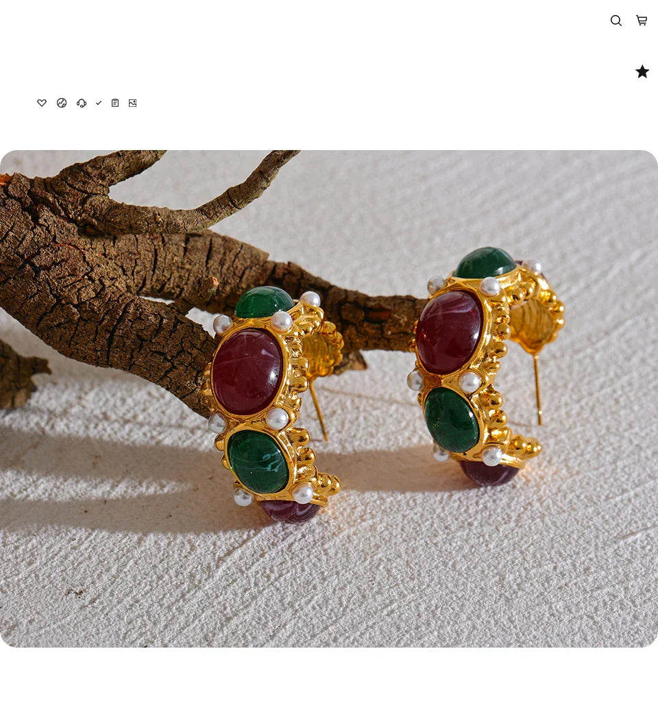 Vintage Charm Earrings with Red and Green Resin