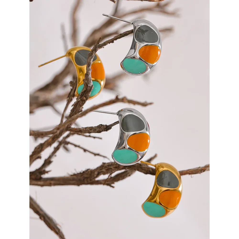 Colorful Enamel Half-Hoop Stud Earrings