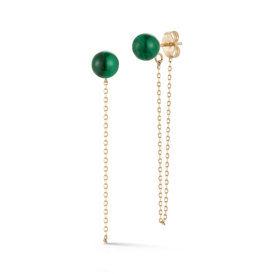 Malachite Stud and Chain Drop Earrings in 14kt