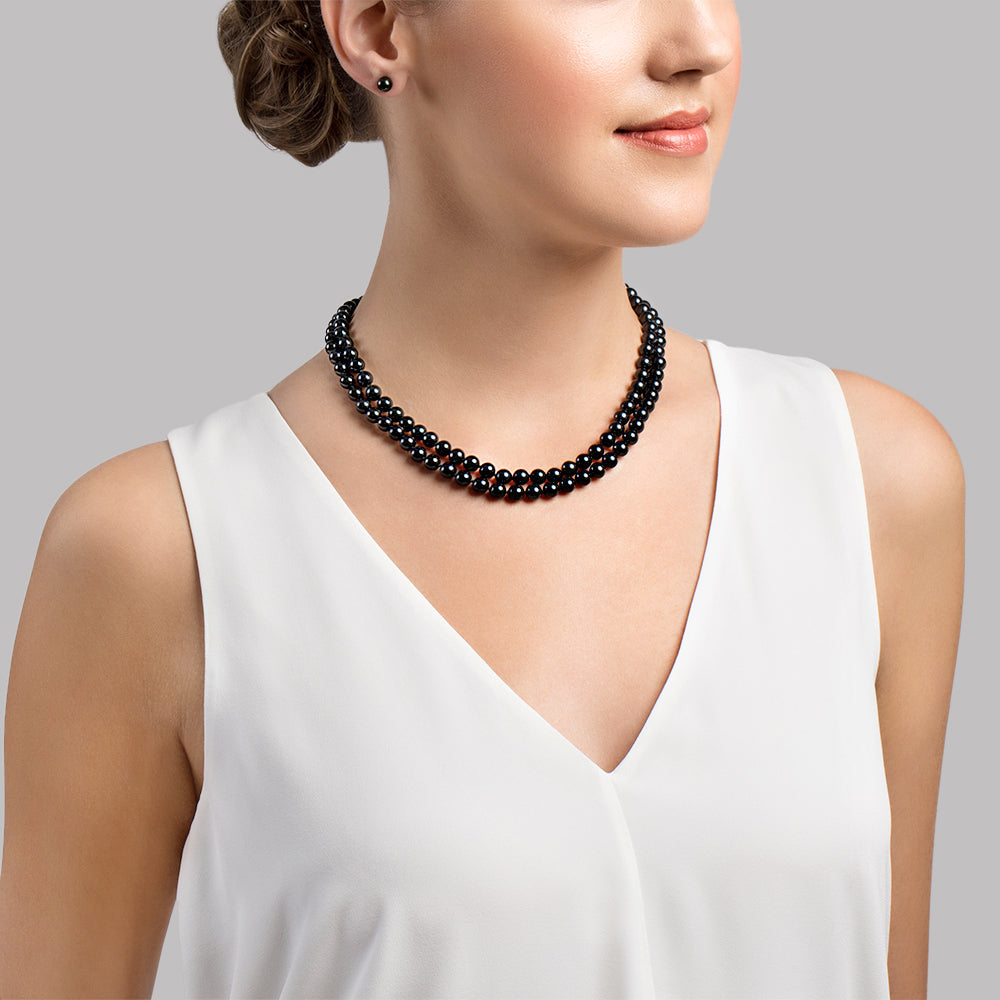 Black Pearl Double Strand Necklace in Japanese Style