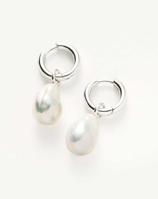 Baroque Pearl Drop Mini Hoop Earrings in Silver