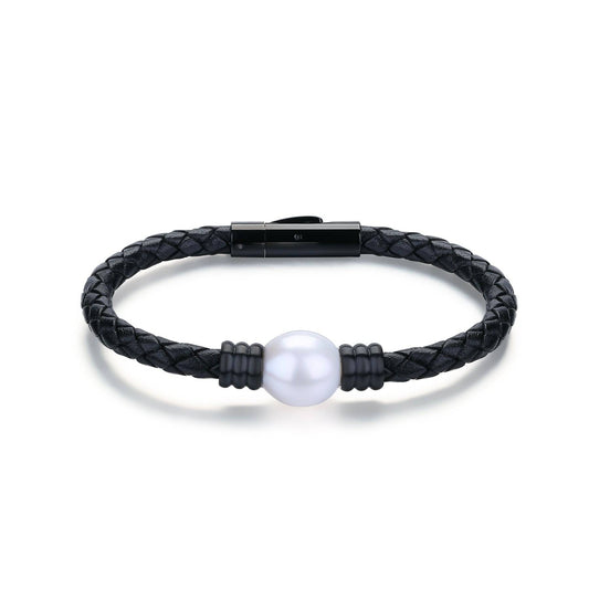 Large Pearl Leather Bracelet with Stainless Steel Design