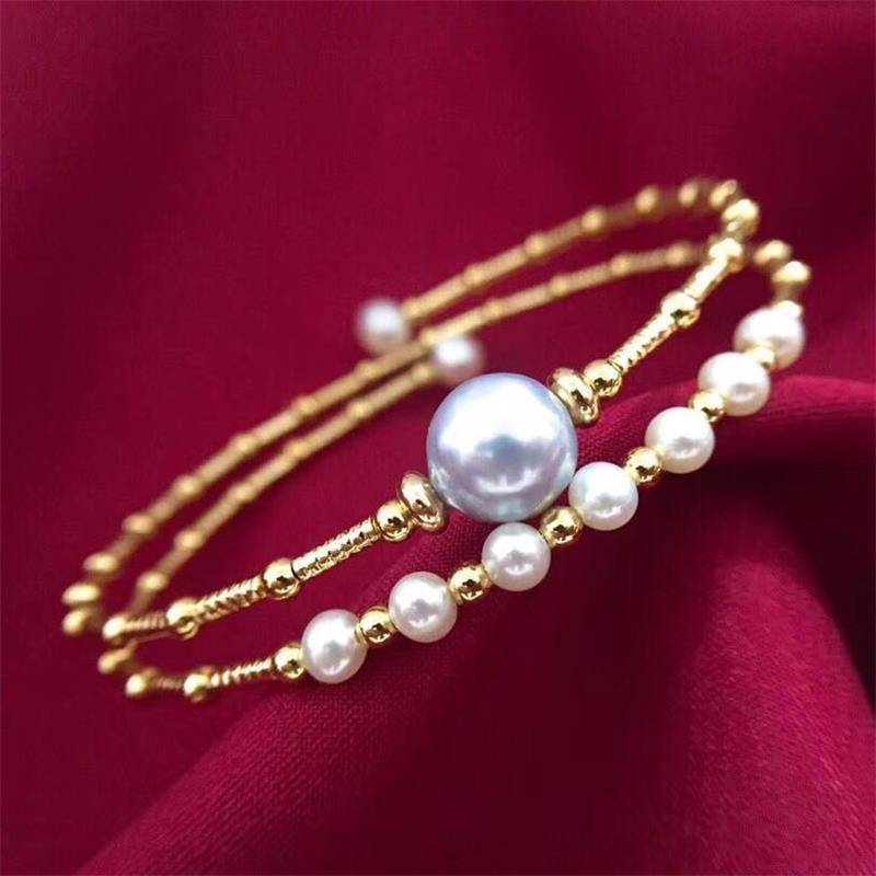 Grey Freshwater Pearl Dual-Layer Gold Beaded Bracelet