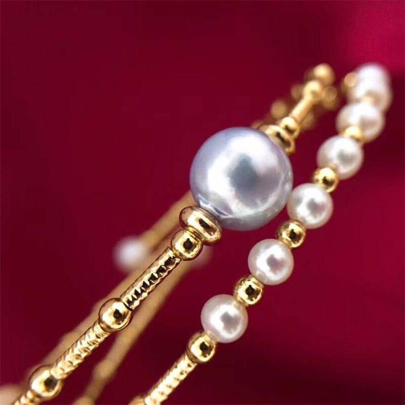 Grey Freshwater Pearl Dual-Layer Gold Beaded Bracelet