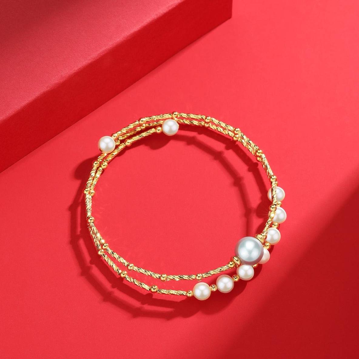 Grey Freshwater Pearl Dual-Layer Gold Beaded Bracelet