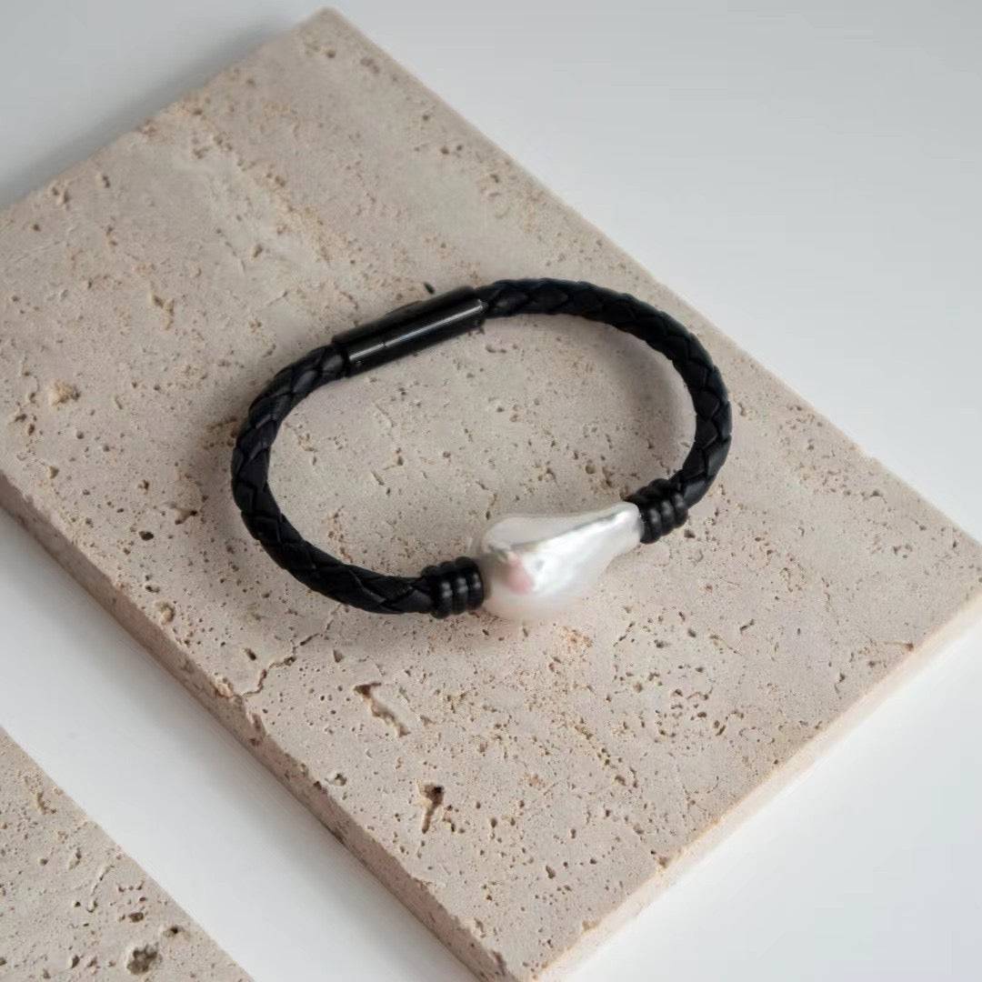 Baroque Pearl Leather Bracelet with Stainless Steel