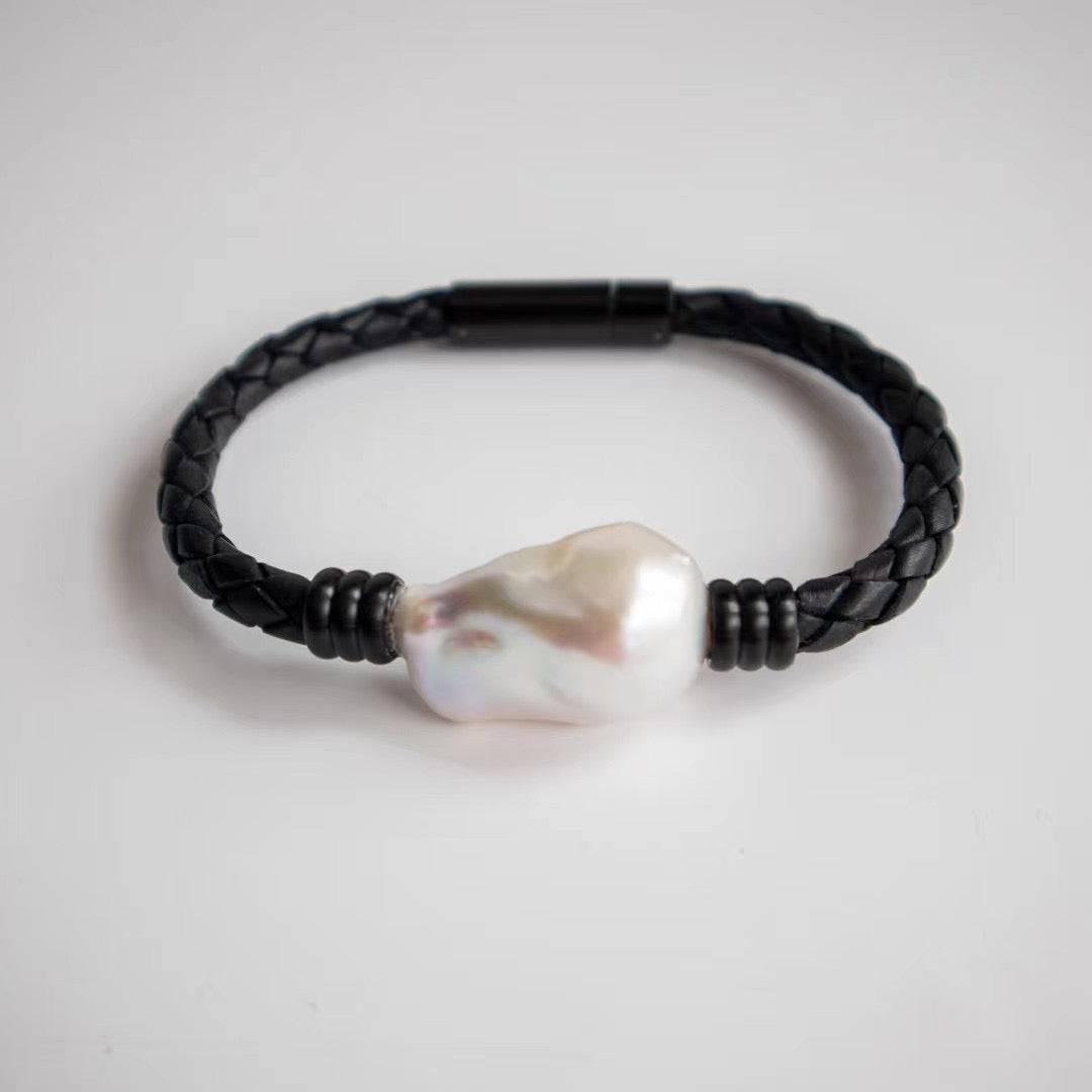 Baroque Pearl Leather Bracelet with Stainless Steel