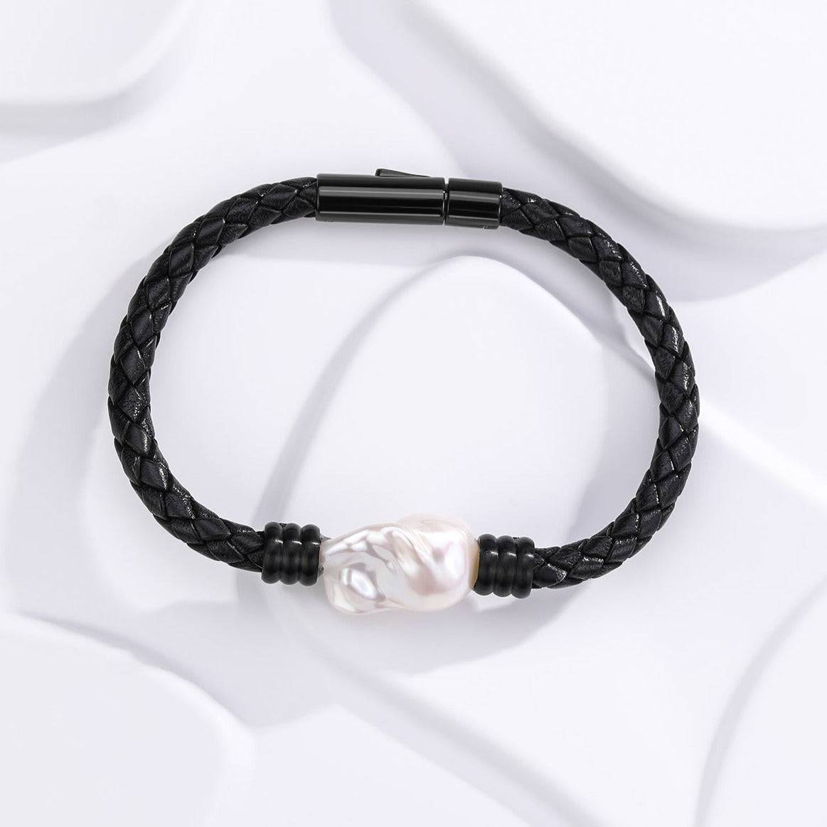 Baroque Pearl Leather Bracelet with Stainless Steel