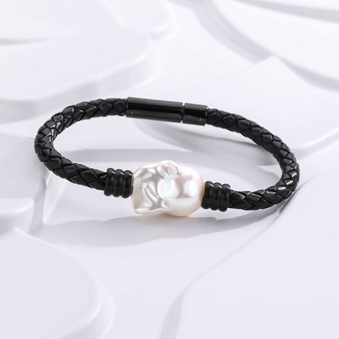 Baroque Pearl Leather Bracelet with Stainless Steel