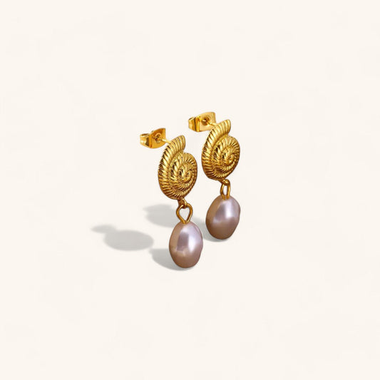 Gold Pearl Conch Shell Geometric Earrings