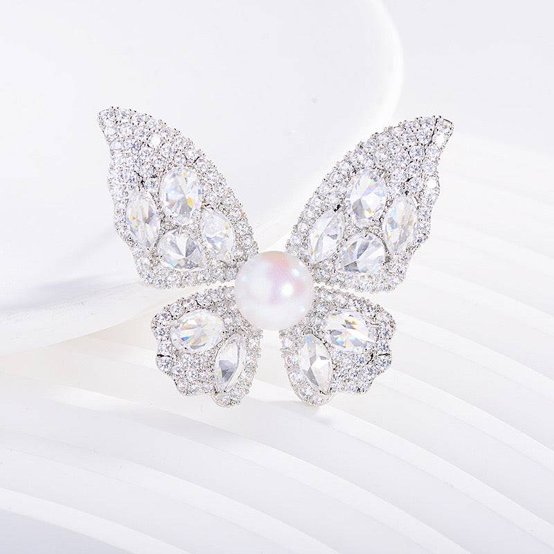 Butterfly Brooch with Pearl and Cubic Zirconia