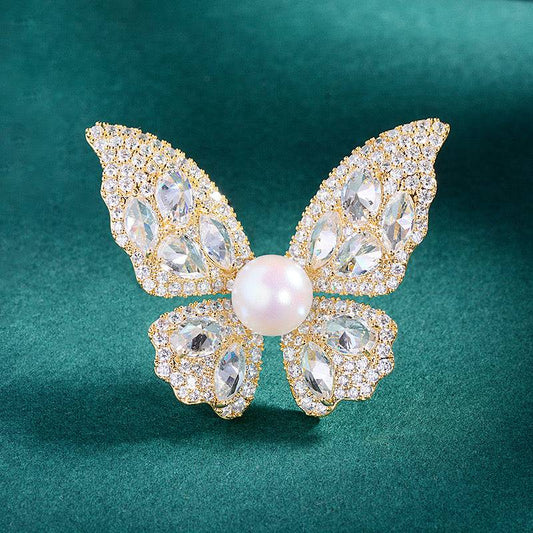 Butterfly Brooch with Pearl and Cubic Zirconia