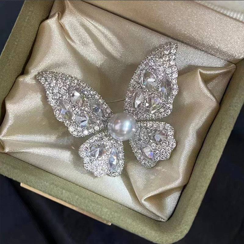 Butterfly Brooch with Pearl and Cubic Zirconia