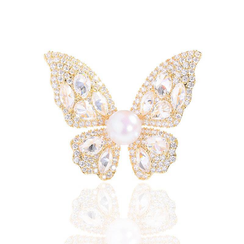 Butterfly Brooch with Pearl and Cubic Zirconia