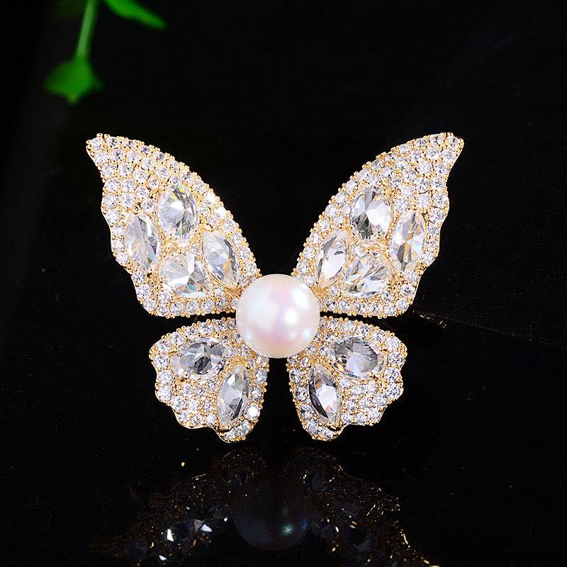 Butterfly Brooch with Pearl and Cubic Zirconia