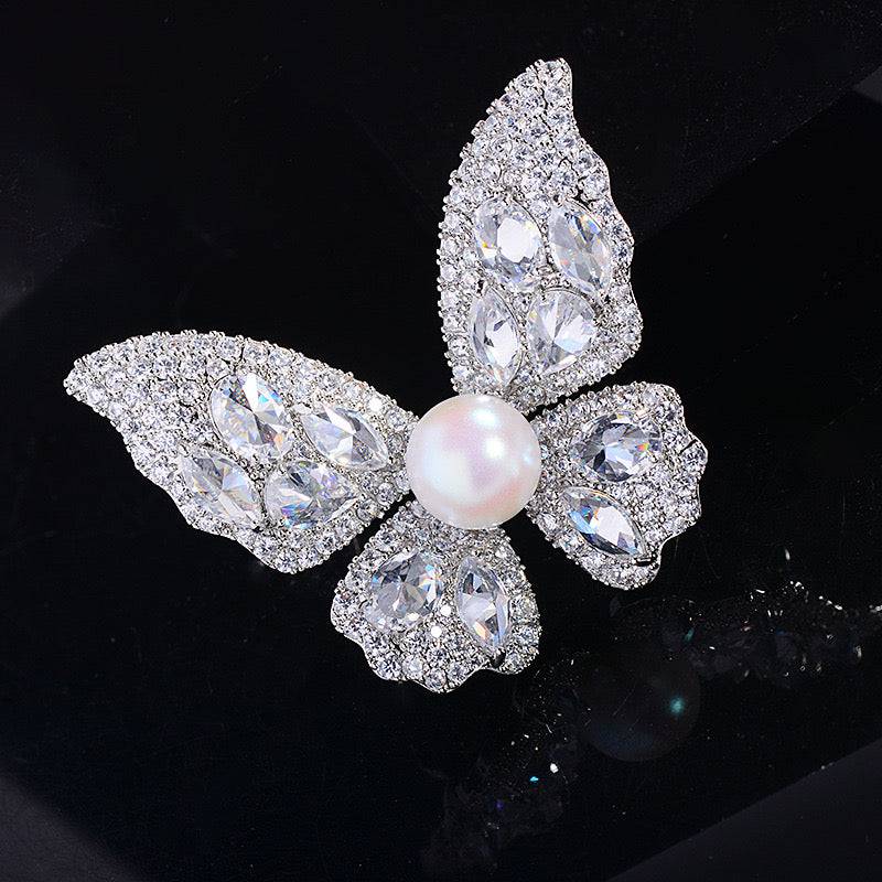 Butterfly Brooch with Pearl and Cubic Zirconia